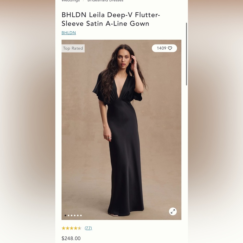 BHLDN Leila Deep-V Flutter-Sleeve Satin A-Line Gown (black)